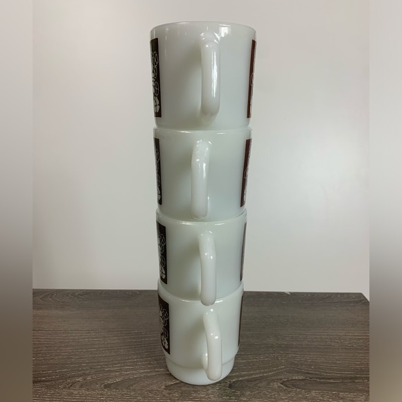 Vtg Anchor Floral Milk Glass Stackable Coffee Mugs USA Oven Proof Brown Lot Of 8 - Picture 4 of 15